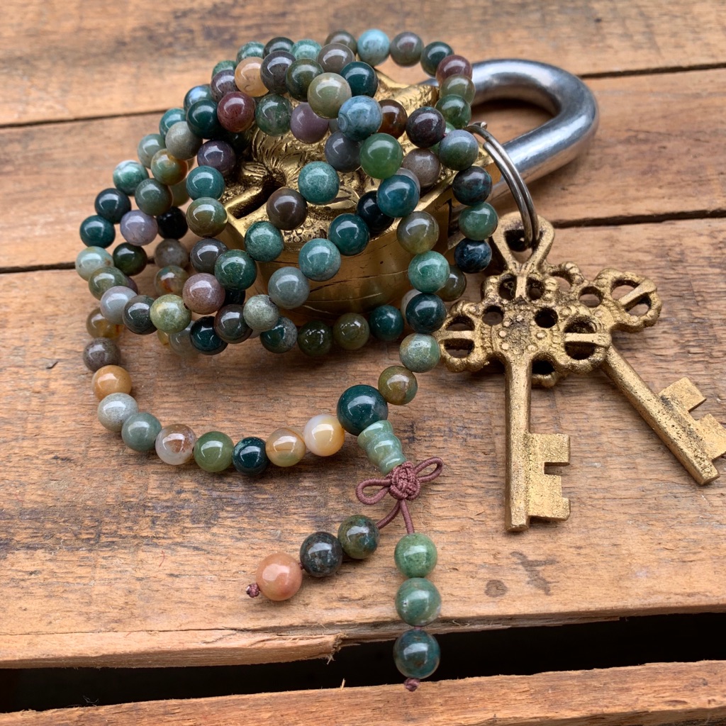 Indian Agate Mala Necklace W/Bead Bow 6mm